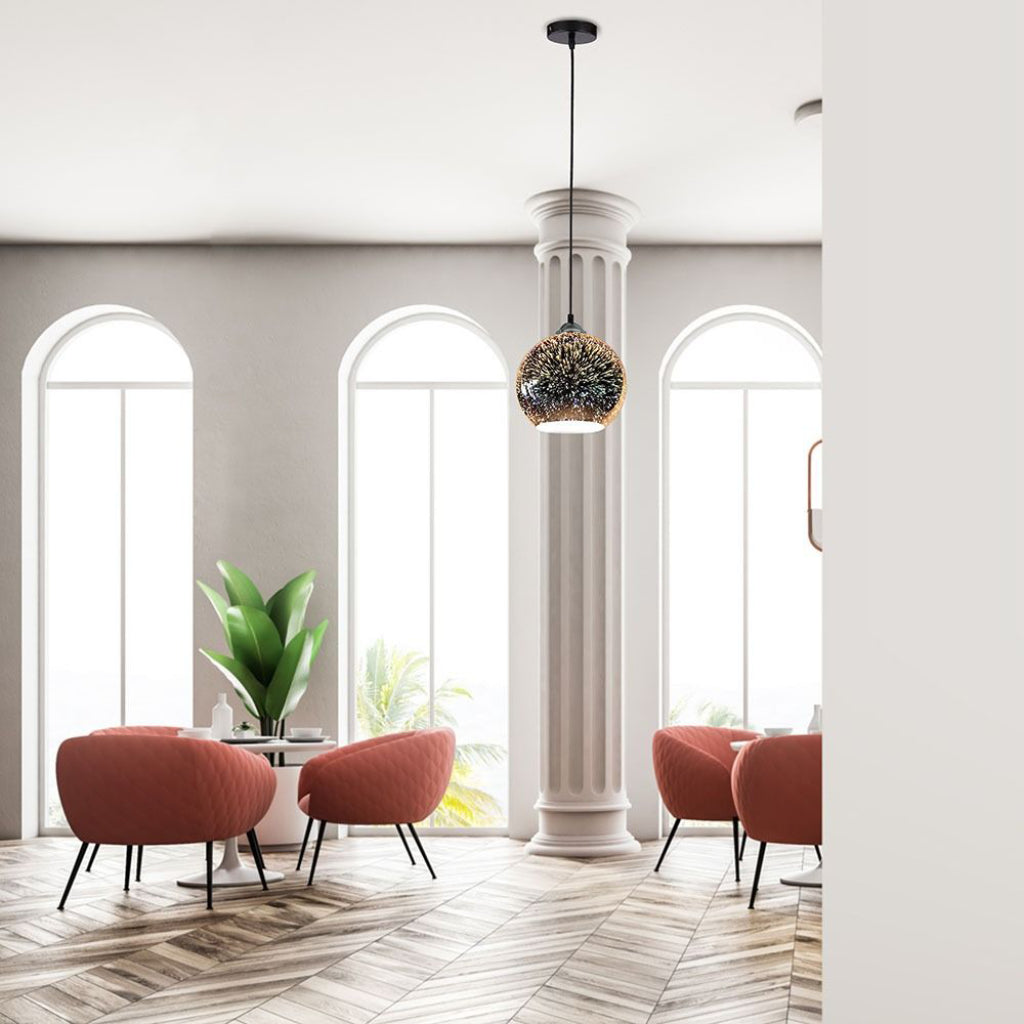 -TAC Lampadario LED a Sospensione 1xE27 campana in Vetro Colore Cromo Specchio con Effetto 3D D.25CM -TAC Lampadario LED a Sospensione 1xE27 campana in Vetro Colore Cromo Specchio con Effetto 3D D.25CM